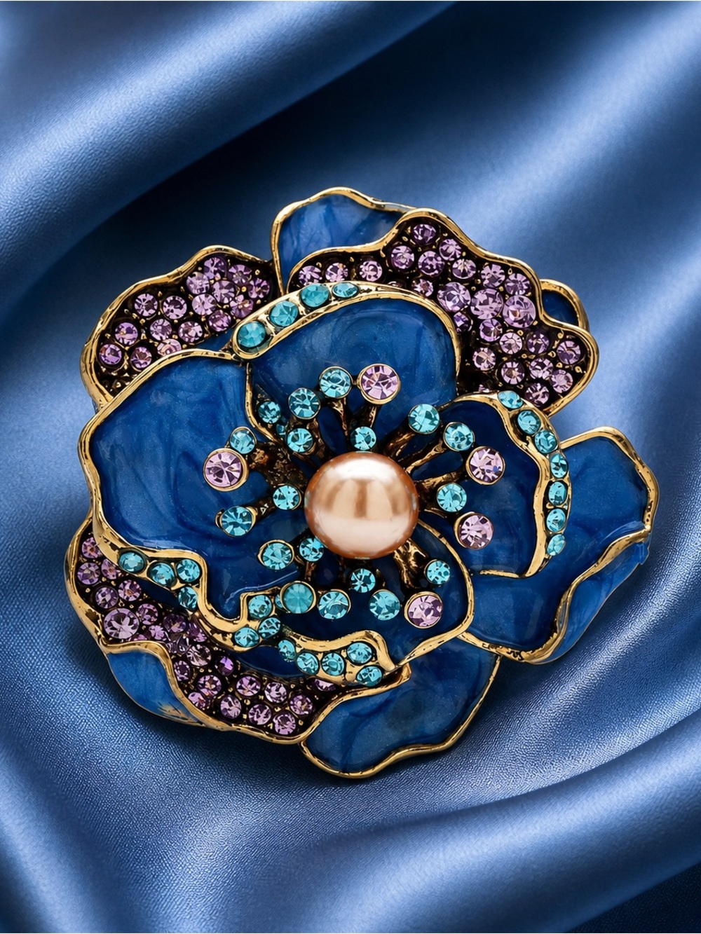 Anthropologie Blue Floral Crystal Brooch with Pearl Accent